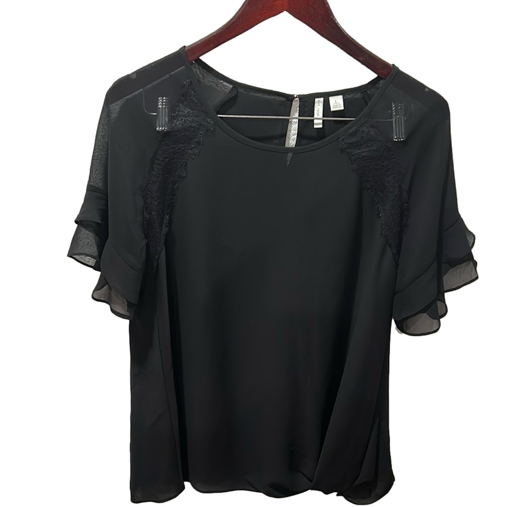 🍒C EST. 1946 Black Ruffled Short Sleeve Blouse size L GUC